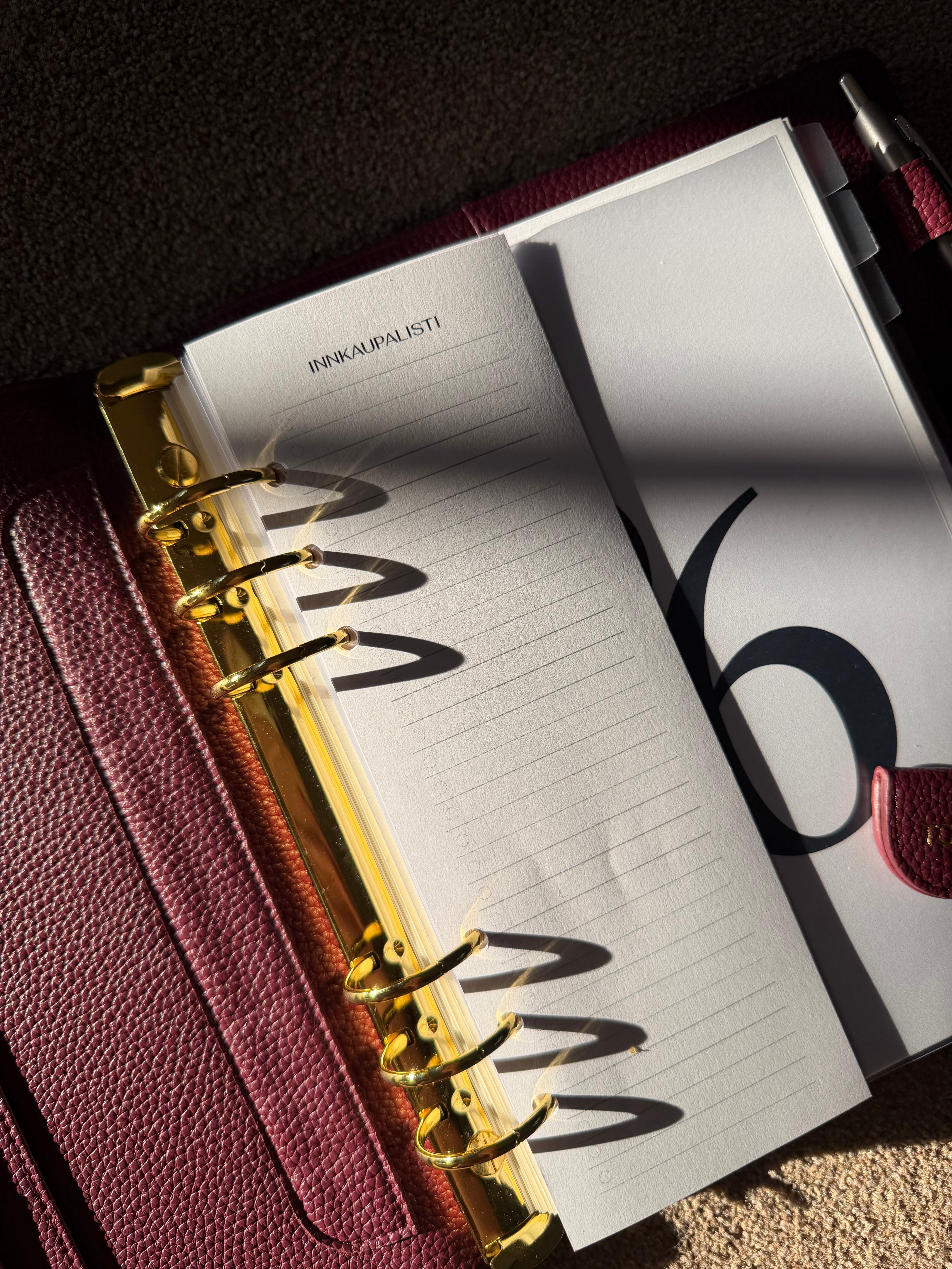 A close-up of an open ring-bound planner or notebook with lined pages, a pen, and a burgundy textured cover under dramatic side lighting.