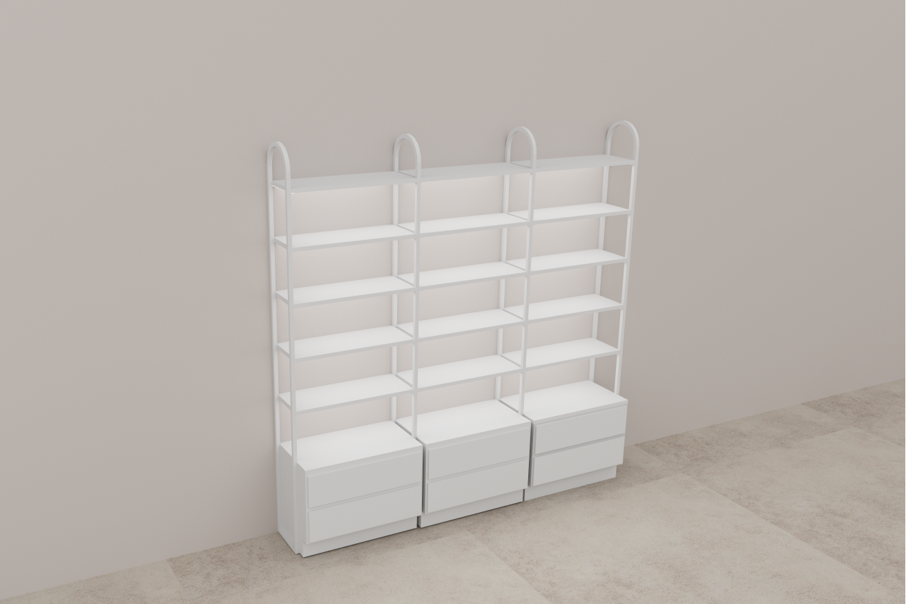 Custom shelve design. A white metal shelving unit with five open shelves and three drawer compartments at the bottom, shown against a plain beige wall and light floor.